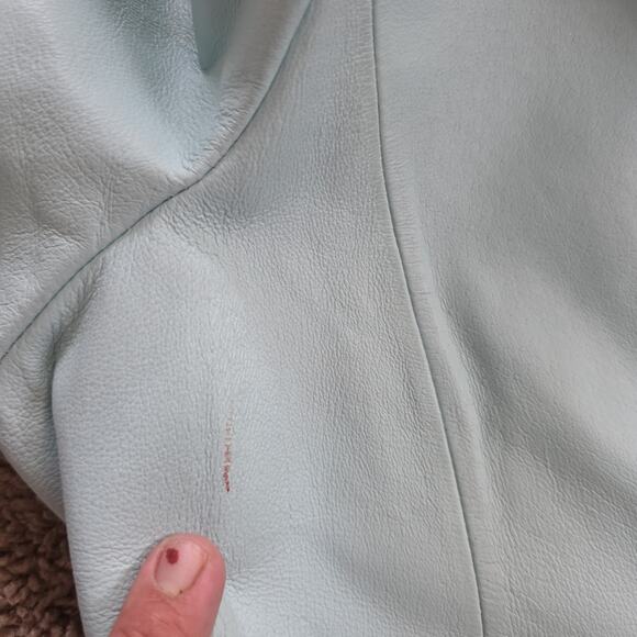 Vintage Baby Blue Leather Jacket Womens L Button Up Moto Y2K 90s Lined Pastel - Picture 7 of 11